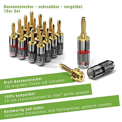 conecto CC50643 banaanstekker high-end professioneel (100% koper!) voor alle luidsprekerkabels met een diameter van max. 6 mm², 16 stuks met kleurcodering (8X rood, 8X zwart), 24k verguld