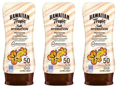 HAWAIIAN Tropic Silk Hydration Protective - Pack 3 Loción Solar Protectora SPF 50 con cintas de seda hidratantes y resistente al agua, formato 180 ml