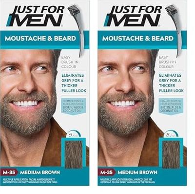 Just for men Moustache & Beard Medium Brown Dye, Eliminates Grey for a Thicker & Fuller Look – M35 (Pack of 2)