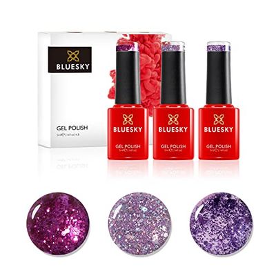 BLUESKY Gel Nail Polish, Ensemble vernis semi permanent - Purple Confetti. Purple Dream Blz48, Purple Diamond Dc004, Secret Santa 63901. Violet, Paillettes