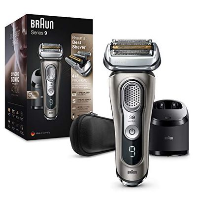 Braun Series 9 9385cc Rasoio da Barba Elettrico senza Fili, Base di Ricarica e Custodia da Viaggio in Pelle, Rasoio a Lamina, Batteria Li-Ion - Rasatura Duratura (60 min), 100% Impermeabile, Grafite