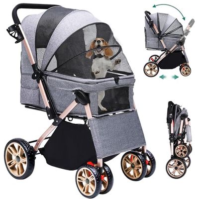YITAHOME Poussette pliable pour petit chien avec poignée réversible, fenêtres en maille, porte-gobelet, roues EVA pivotantes à 360° avec freins (gris)