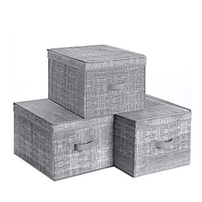 SONGMICS RYFB03LG - Juego de 3 cajas plegables con tapas, cajas de almacenaje de tela con portaetiquetas, 30 x 40 x 25 cm, color gris moteado