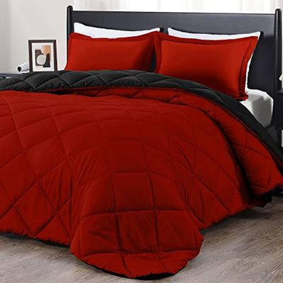 downluxe Set di biancheria da letto California King, in piuma d'oca leggera, reversibile, 3 pezzi, con 2 federe reversibili (rosso/nero)
