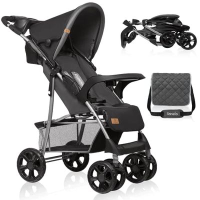 LIONELO Emma Plus barnvagn, från 6 månader till 15 kg, lätt konstruktion, 5-punktsbälten, mjuk madrass, stötdämpare, smidig ihopfällning, varukorg, xxl huva med fönster, bricka