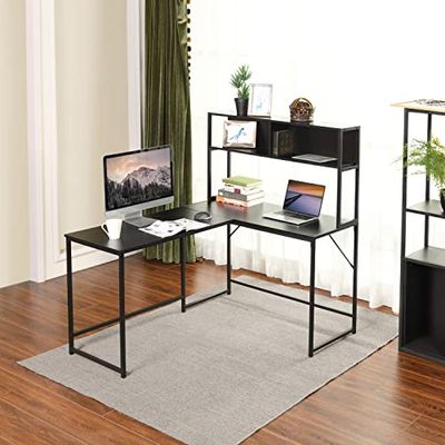 FurnitureR Grand Bureau d'angle en Forme de L pour Jeux avec 2 étagères en métal-Style Contemporain-Minimalisme Total-Noir, 138 X 110 X 75-135cm