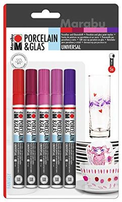 Marabu, 012300082, set Fantasy di 5 pennarelli per porcellana e vetro, punta universale 1-2 mm, colori assortiti