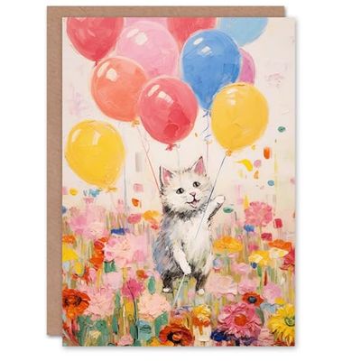 Artery8 Birthday Greeting Card Flowers Kitty Cat Kids Balloons Child