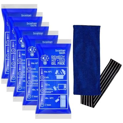 REMEDY Bolsas de Gel para Frío y Calor. Incluye 1 Funda de Tela con Banda de Compresión. Ideal para Tratamiento de Dolores y Lesiones. Reutilizables Nevera y Microondas (5 Bolsas 1 Cubierta)
