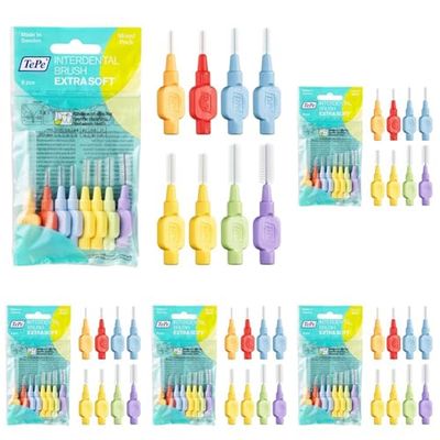 TePe Brossettes interdentaires Extra Soft - Nettoyage en douceur des espaces interdentaires - 1 x 8 brossettes de diamètres variés - Une couleur par diamètre (Lot de 5)