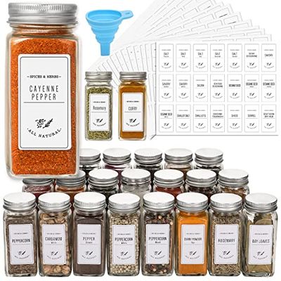 AOZITA 24 Pcs Glass Spice Jars with White Printed Spice Labels - 4oz Empty Square Spice Bottles - Shaker Lids and Airtight Metal Caps - Silicone Collapsible Funnel (BBSJ24-UK)