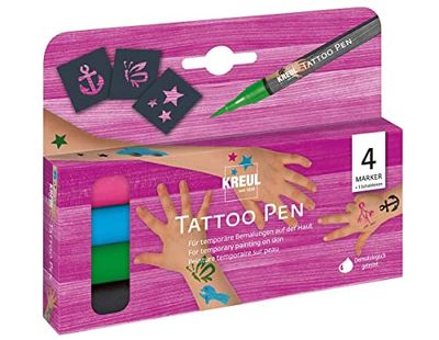 KREUL 62171 - Tattoo Pen Set, 4 pennen en 3 stencils, cosmetische inkt op waterbasis, blijft tot 5 dagen zitten, dermatologisch getest, veganistisch, zonder parabenen.