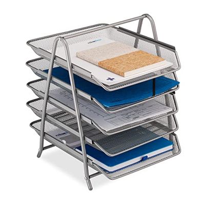 Relaxdays Document, 5 Compartments, Filing System, Mesh, Letter Tray A4, HxWxD: 37.5 x 30 x 35.5 cm, Metal, Silver, Steel