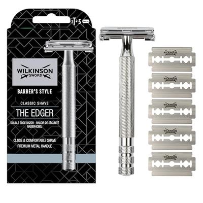 Wilkinson Sword Classic Premium - Máquina de barbear vintage de aço cromado para homem 5 folhas de barbear de dois fios, barbear clássico manual, cinzento