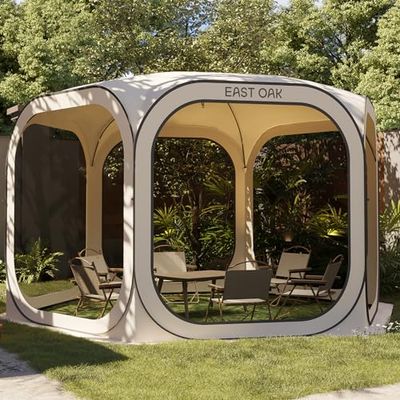 EAST OAK Carpa Plegable 3,4×3,4M para Exteriores, Pergolas de Jardin para 8-10 Personas, Pop-up Carpas para Camping, Protección UPF 50+, Ventilación 360°, Anti Mosquitos, con Bolsa de Transporte