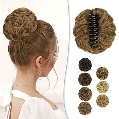 BARSDAR Claw Clip Messy Bun Hairpiece, Clip in Hair Scrunchies Curly Synthetic Hair Bun Extensions for Women Ponytail Updo Hair Donut Chignon, 86/10 Sandy Blonde mix Caramel Brown Evenly