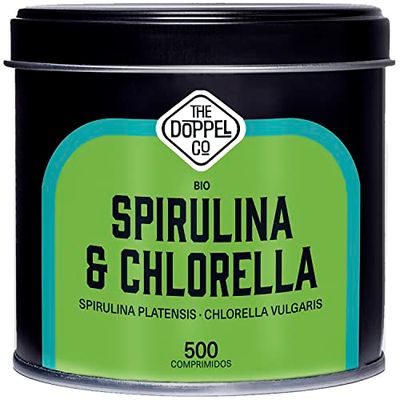 Espirulina y Chlorella Ecológica - 500 comprimidos - 1500 mg por Dosis - Sin Aditivos - Efecto Saciante, Detox -Proteina Vegana - Libre de Plástico
