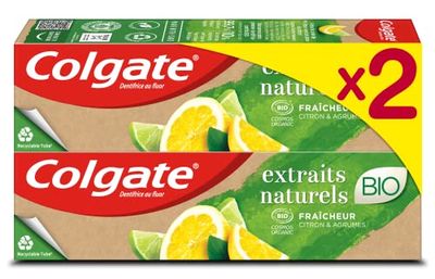 COLGATE - Dentifricio Estratti Naturali Certificato Bio - Limone e Agrumi - Freschezza intensa - Dentifricio biologico - 99,7% Ingredienti di Origine Naturale - 2 x 75 ml