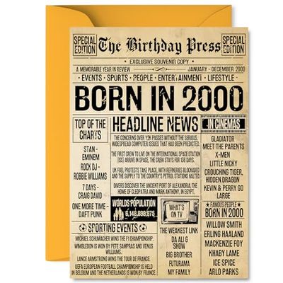 25th Birthday Card for Men Women - Bday Press Newspaper 2000 - Happy 25 Birthday Cards for Uncle Son Auntie Wife Daughter Sister, A5 Bday Greeting Cards