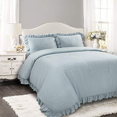 Lush Decor Ruffle Reyna Comforter Lake Blue-Set da 3 Pezzi con Cuscino in Tessuto per Letto King Size, Poliestere, Blu Lago, re