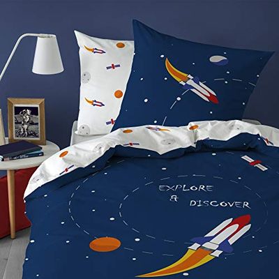 Mat & Rose Explore Space Beddengoed voor kinderen, 2-delig, 100% katoen, Oeko-Tex, dekbedovertrek 135 x 200 cm + 1 kussensloop 80 x 80 cm, blauw, wit