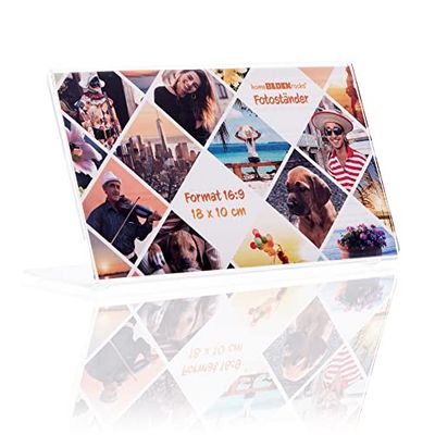 Soporte para fotos (marco de fotos) en formato de foto de 18 x 10 cm como soporte de fotos transparente, marco de fotos, soporte para fotos sin marco de plexiglás para tus fotos y imágenes favoritas.