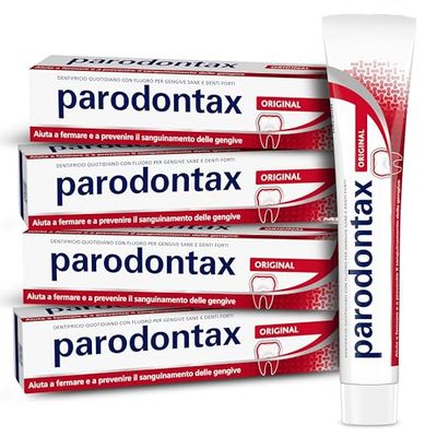 Parodontax Dentifricio Original rimuove l'Accumulo di Placca, mantenendo le Gengive Sane, i Denti Forti e l'Alito Fresco, Uso Quotidiano, Pacco da 4 x 75ml