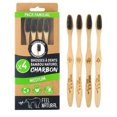 Feel Natural - Set di 4 spazzolini da denti, colore: carbone