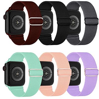 Lugege Stretchy Bands Compatible con Apple Watch Band 42mm 44mm 45mm, Ajustable trenzado de nylon elástico mujeres hombres correas para iWatch Series7/6/5/4/3/2/1/SE, 6 Packs