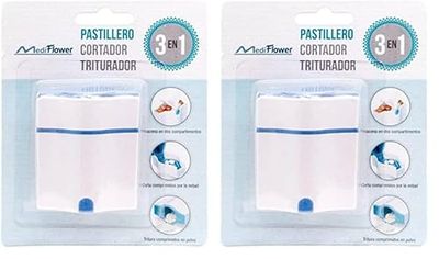Mediflower Pastillero 3 En - Pastillero Multifunción: Transporta, Cortador, Triturador. Ligero Y Fácil De Transportar 50 G, Blanco (Paquete de 2)