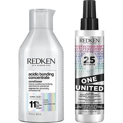 REDKEN Acidic Bonding Concentrate, Conditioner 300 ml & One United 25 Multi-Benefits Leave In Conditioner and Treatment Spray 150 ml Duo Set, For Dry, Damaged & Colour-Treated Hair