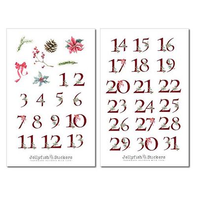 Set di adesivi sui numeri del mese | Adesivo per diario | Adesivo per planner, adesivi Natale, vacanze, inverno, regali, fai da te, calendario, calendario dell'Avvento