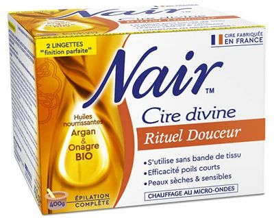 NAIR - Cera rituale dolcezza agli oli di Argan e di Enotera, speciale pelli secche e sensibili, si rimuove senza strisce, barattolo da 400 g + 2 salviettine "Finitura Perfetta"