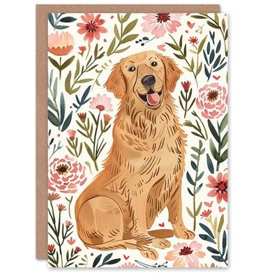 Artery8 Happy Golden Retriever and Pink Flowers Dog Lover For Her Woman Birthday Card