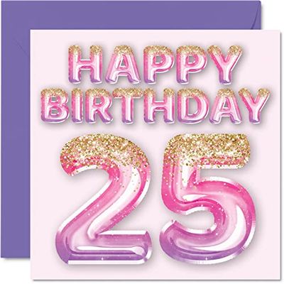Biglietto di auguri il 25° compleanno da donna con palloncini glitterati rosa e viola donna di 25 anni figlia sorella zia cugina 145mm 25 biglietti di auguri regalo
