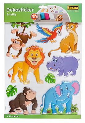 Idena 31260 – dekorativa klistermärken i 3D-utseende, vilda djur lejon, apa, elefant flodhäst och Co, 9 delar