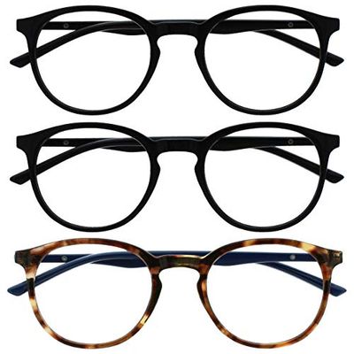 OPULIZE Met Gafas de Lectura con Bloqueo de Luz Azul 3-Pack Montura Redonda Negra Marrón Morado Resistente a Arañazos Bisagras de Muelle Ordenador Gaming Antirreflejante Hombre Mujer BBB60-112 +1.00