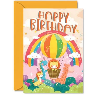 Birthday Card Girls Boys - Hot Air Balloon Rainbow - Happy Birthday Card for Girl Boy Kids, 5x7 Inch Bday Animal Greeting Cards