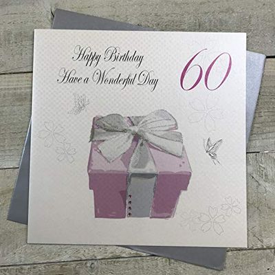 WHITE COTTON CARDS Grande Carte d'anniversaire Happy Birthday Have a Wonderful Day, Motif Cadeau Rose, Fait Main, pour Anniversaire de 60 Ans