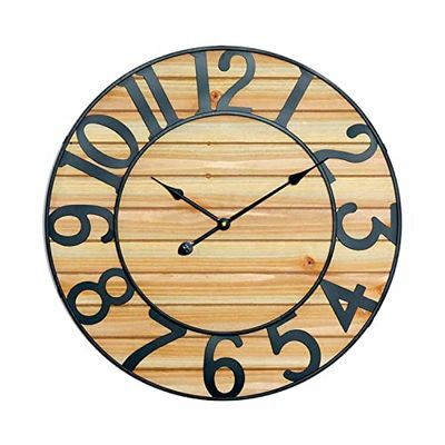 Thinia Home - Reloj de Pared Vintage en Relieve con Esfera Negro/Madera Ø60cm, Hogar, Oficina y Despacho, Movimiento Agujas Continuo, Extra Silencioso, Números en Relieve, Diseño Actual, Color Natural