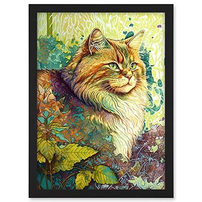 Artery8 Siberian Cat in Nature Vibrant Colourful Modern Portrait Illustration Artwork Framed A3 Wall Art Print