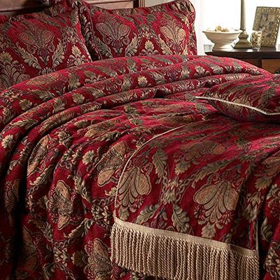 Paoletti Caminho de cama Shiraz, vermelho bordeaux e dourado, jacquard de damasco bordado, franjas trançadas douradas, forro antiderrapante, 100% poliéster, 130 x 170 cm, fabricado pela Riva