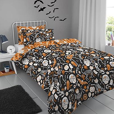Bedlam – Halloween Day of the Dead påslakan – enkelsäng storlek (140 x 200 cm) – vändbart (2 färger) – lyser i mörkret täcke – skelett, spöken, fladdermöss och dödskallar – halloweensängkläder och