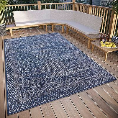 freundin Home Collection Sophie Oosterse vintage tapijt voor binnen en buiten, klassiek, weerbestendig, buitentapijt voor woonkamer, hal, balkon, terras, tuin, blauw, 120 x 170 cm