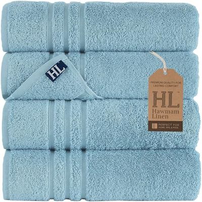 Hammam Linen Lot de 4 Serviettes de Bain 100% Coton de 600 g/m², Douces et absorbantes, pour Un Usage Quotidien, 68,6 x 137,2 cm, Bleu Clair
