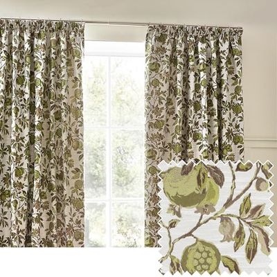 Wylder Tropics Pomegranate Floral Jacquard Pencil Pleat Curtains- 2 Panels - Width x Drop - 117 x 137cm (46 x 54) - Green