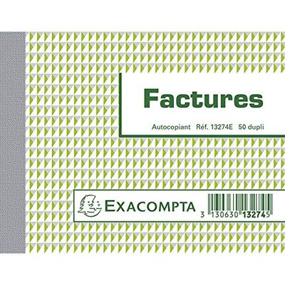 Exacompta - Ref 13274E - Commercial Invoice Form Pad (50 Pages) - 105 x 135mm in Size, Horizontal, Green Printed Rulings, Duplicate Carbonless Copy - French Printed