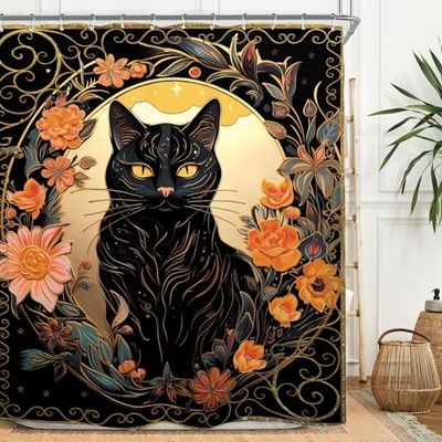 Miyotaa Rideau de Douche imperméable avec 12 Crochets Motif Chat Noir Gothique mystérieux Tarot Sorcière Fleur Plante Botanique 152 x 180 cm