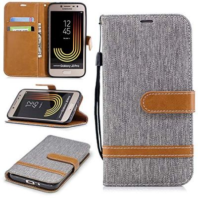 Carcasa de telefono Funda de Cuero con Textura de Mezclilla a Juego for Galaxy J2 Pro, con Soporte y Ranuras for Tarjetas y Billetera y cordón (Negro) (Color : Gris)