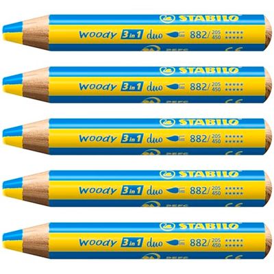 Crayon de couleur - STABILO woody 3in1 duo - lot x 5 crayons de couleurs à mine bicolore - jaune + bleu ciel